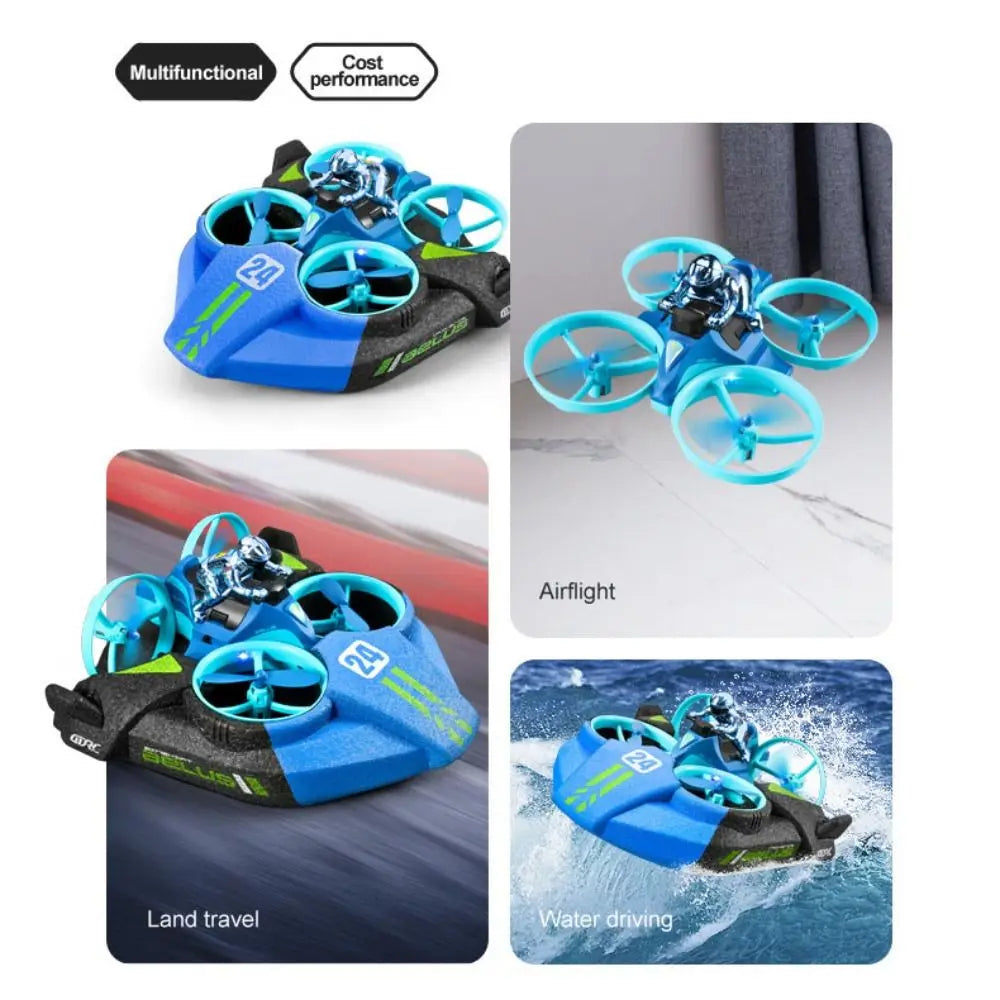 3-in-1 Mini RC Drone terrain quadcopter, hovercraft, and boat in one