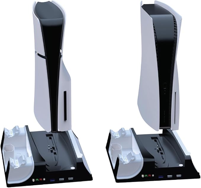 Green Lion Compatible With PS5/PS5 Slim Cooling Stand Charging Station,14 Disk Storage Hub,Simultaneous Outputs,Efficient Cooling,4500RPM Speed,Space Saving,Turbo Fan,Low Noise - White