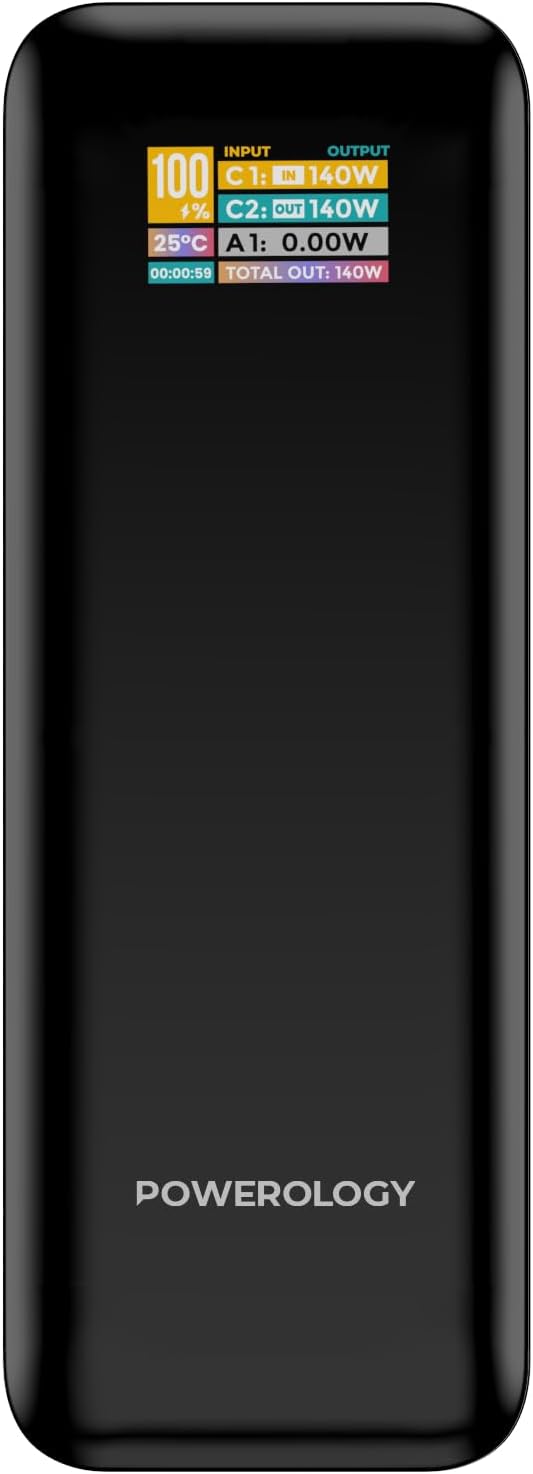 Powerology NEUROVOLT High Capacity Power Bank 27000mAh, PD 140W USB-C & USB-A Outputs, Intelligent Digital Display, Fast Charging, Compatible with iPhone 16/15/14/13/S25/S24 & Macbook, iPad