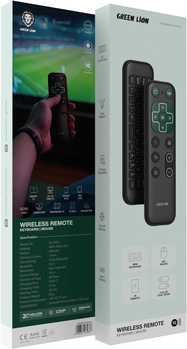 Green Lion Wireless Remote, Universal Remote Control, 2.4g Remote Control with Air Mouse, Mini Keyboard with 58 Keys, 34h Working Time, Type-C Rechargeable Remote, IR remote, Voice Assistant