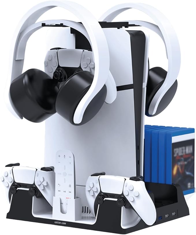 Green Lion Compatible With PS5/PS5 Slim Cooling Stand Charging Station,14 Disk Storage Hub,Simultaneous Outputs,Efficient Cooling,4500RPM Speed,Space Saving,Turbo Fan,Low Noise - White