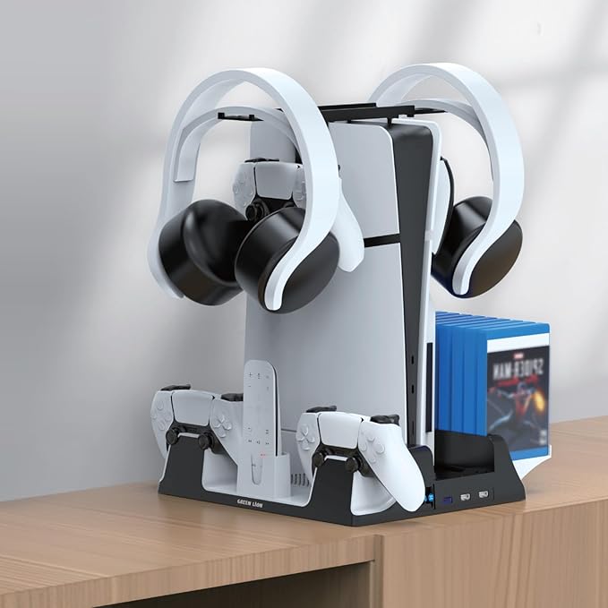 Green Lion Compatible With PS5/PS5 Slim Cooling Stand Charging Station,14 Disk Storage Hub,Simultaneous Outputs,Efficient Cooling,4500RPM Speed,Space Saving,Turbo Fan,Low Noise - White