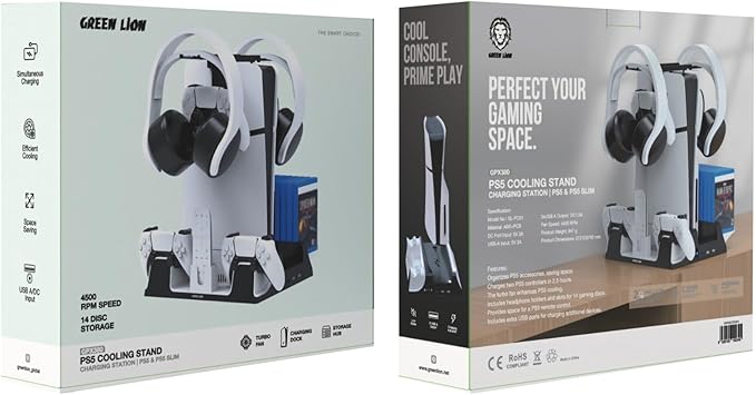 Green Lion Compatible With PS5/PS5 Slim Cooling Stand Charging Station,14 Disk Storage Hub,Simultaneous Outputs,Efficient Cooling,4500RPM Speed,Space Saving,Turbo Fan,Low Noise - White