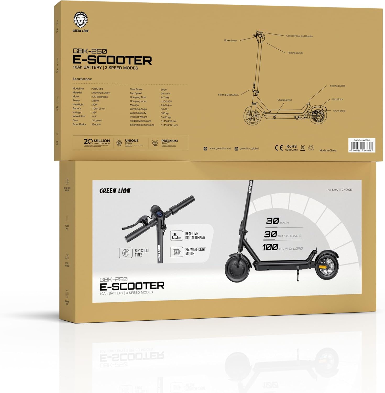 Green Lion Electric Scooter, 30km/h, 250W Power, 30km Range, 100kg Load, E-Scooter for Adults, Lightweight foldable design, Digital Display, Electric Front Brake, Aluminum Alloy Frame, Solid Tires