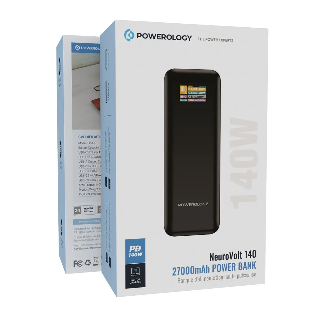 Powerology NEUROVOLT High Capacity Power Bank 27000mAh, PD 140W USB-C & USB-A Outputs, Intelligent Digital Display, Fast Charging, Compatible with iPhone 16/15/14/13/S25/S24 & Macbook, iPad