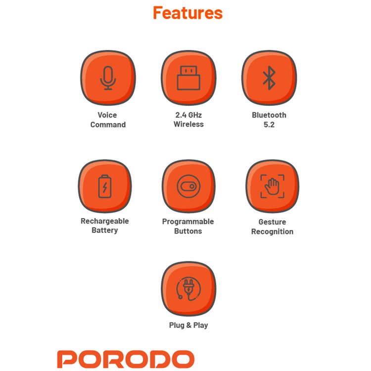 Porodo Wireless Gaming Keyboard Mouse Combo, 84 Keys, 10m Bluetooth Range, Black