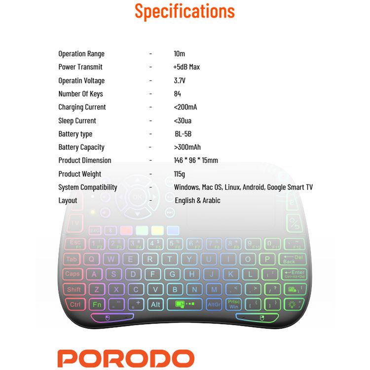 Porodo Wireless Gaming Keyboard Mouse Combo, 84 Keys, 10m Bluetooth Range, Black