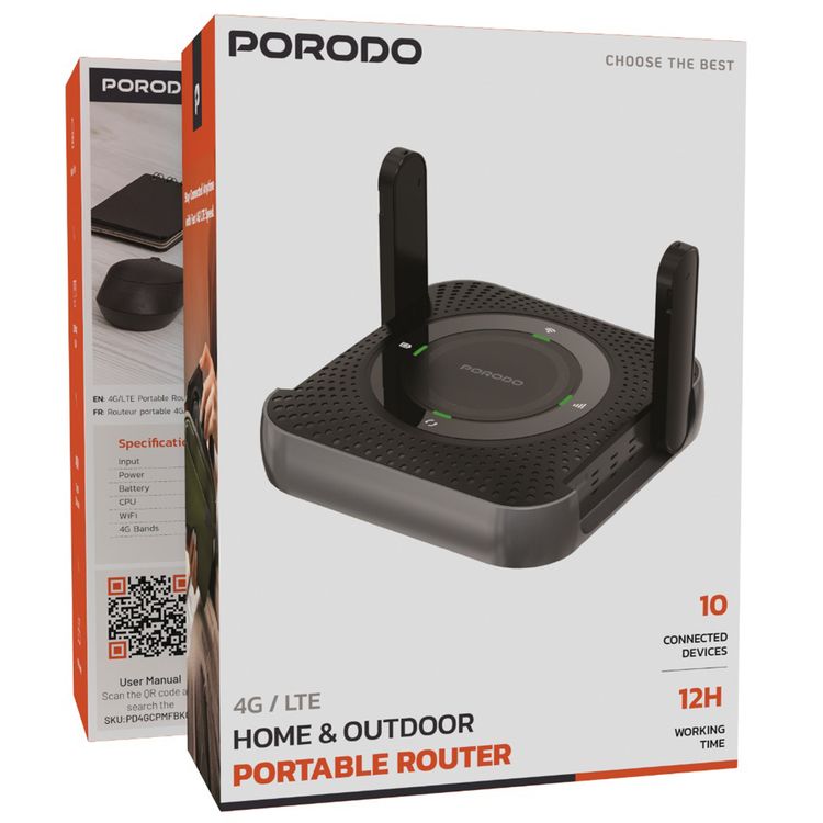 Porodo Portable 4G LTE Router: 12-Hour Battery, 10 Devices, 150Mbps Internet
