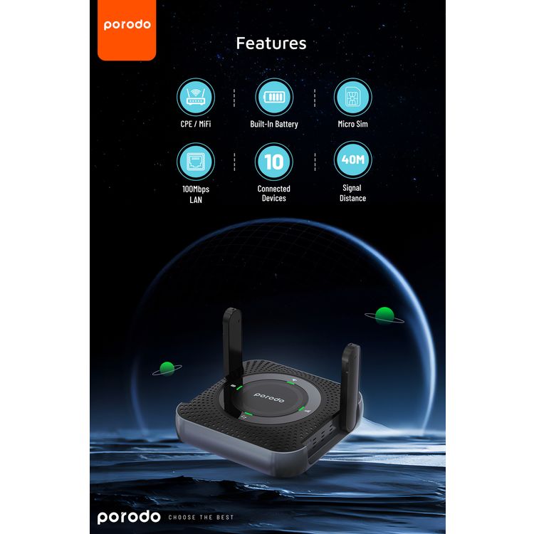 Porodo Portable 4G LTE Router: 12-Hour Battery, 10 Devices, 150Mbps Internet