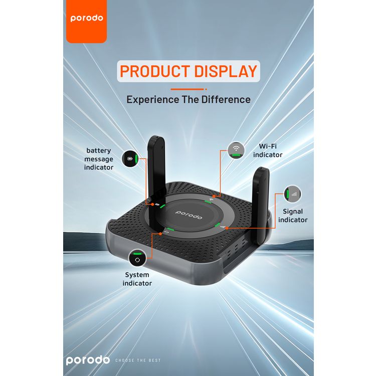 Porodo Portable 4G LTE Router: 12-Hour Battery, 10 Devices, 150Mbps Internet