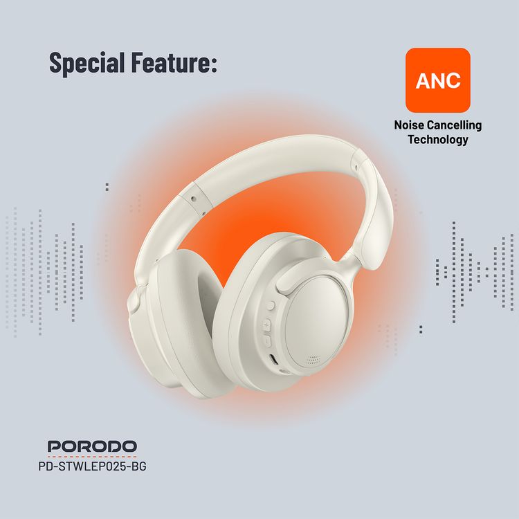 Porodo Soundtec Zen Hybrid Noise-Cancelling Headphones Bluetooth 5.3 Beige