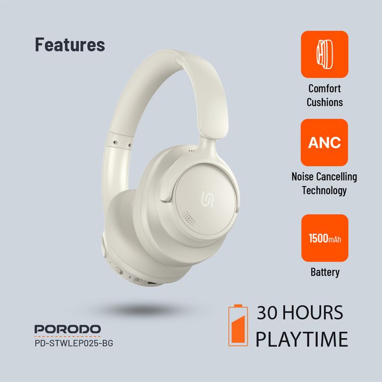 Porodo Soundtec Zen Hybrid Noise-Cancelling Headphones Bluetooth 5.3 Beige