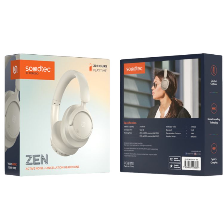 Porodo Soundtec Zen Hybrid Noise-Cancelling Headphones Bluetooth 5.3 Beige