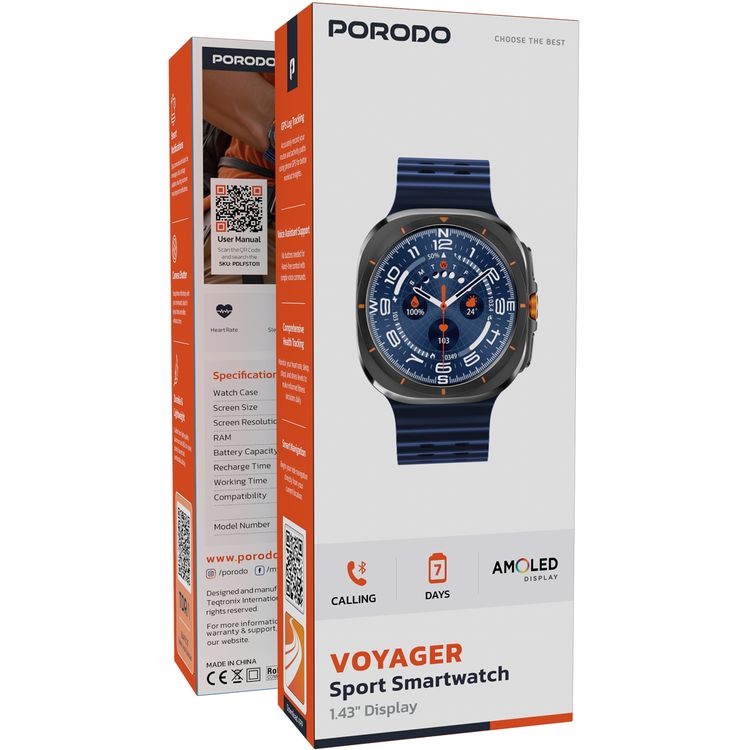 Porodo Voyager Sport Smart Watch 1.43" AMOLED Display with Health Tracking