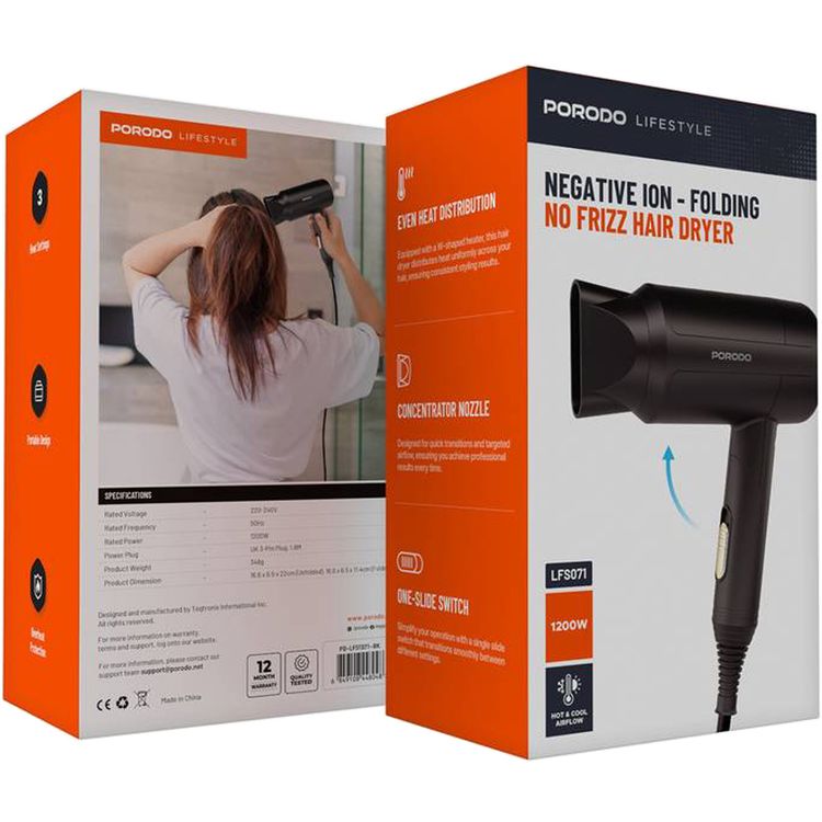 Porodo Lifestyle 1200W Foldable Hair Dryer with Concentrator Nozzle, Overheat Protection