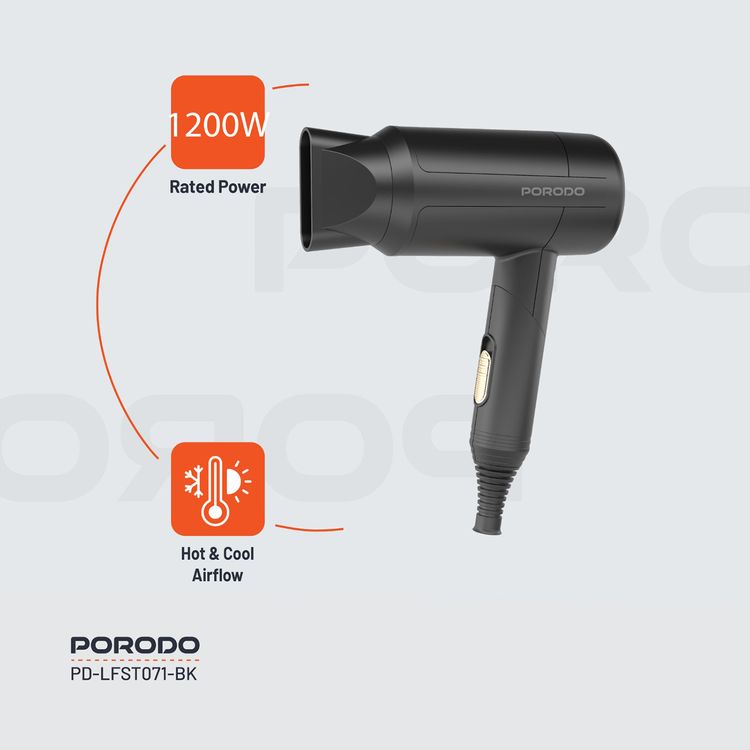 Porodo Lifestyle 1200W Foldable Hair Dryer with Concentrator Nozzle, Overheat Protection