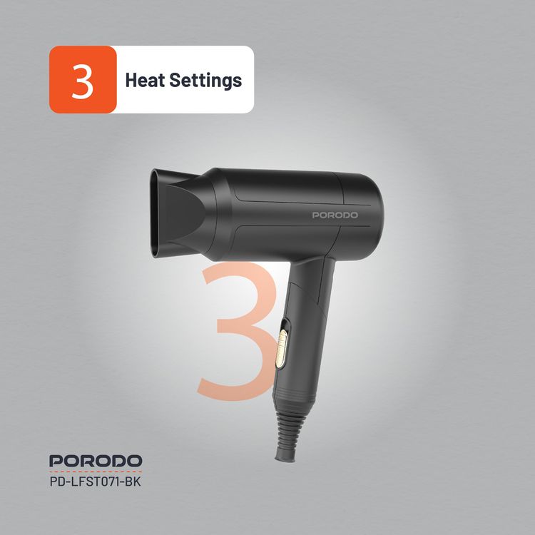 Porodo Lifestyle 1200W Foldable Hair Dryer with Concentrator Nozzle, Overheat Protection