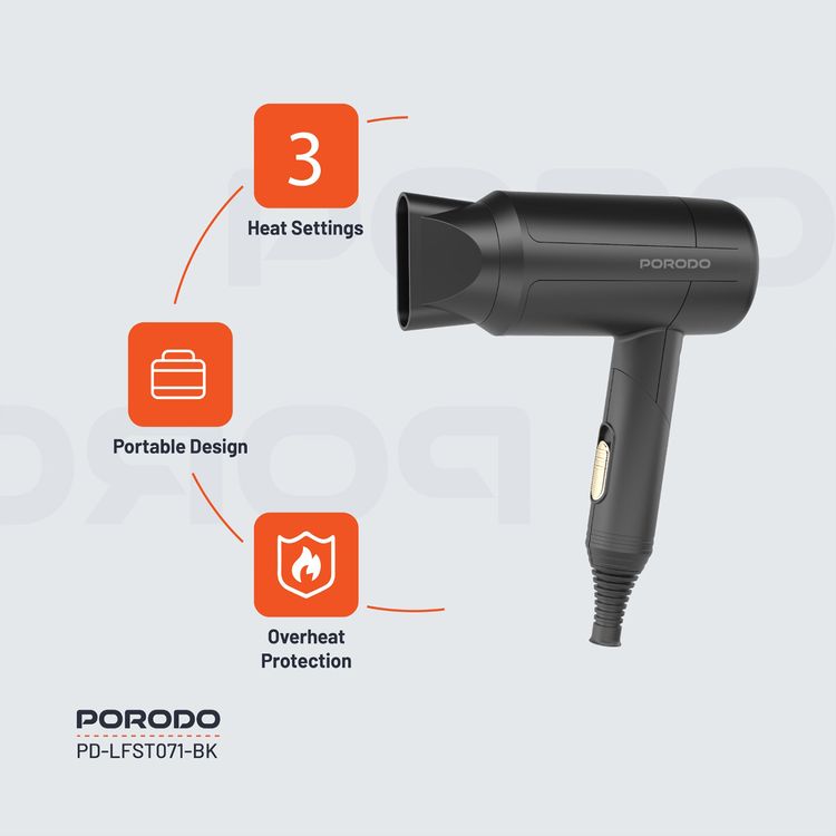 Porodo Lifestyle 1200W Foldable Hair Dryer with Concentrator Nozzle, Overheat Protection