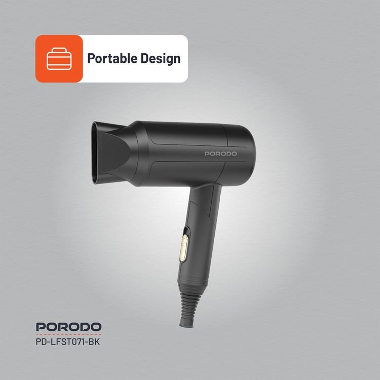 Porodo Lifestyle 1200W Foldable Hair Dryer with Concentrator Nozzle, Overheat Protection