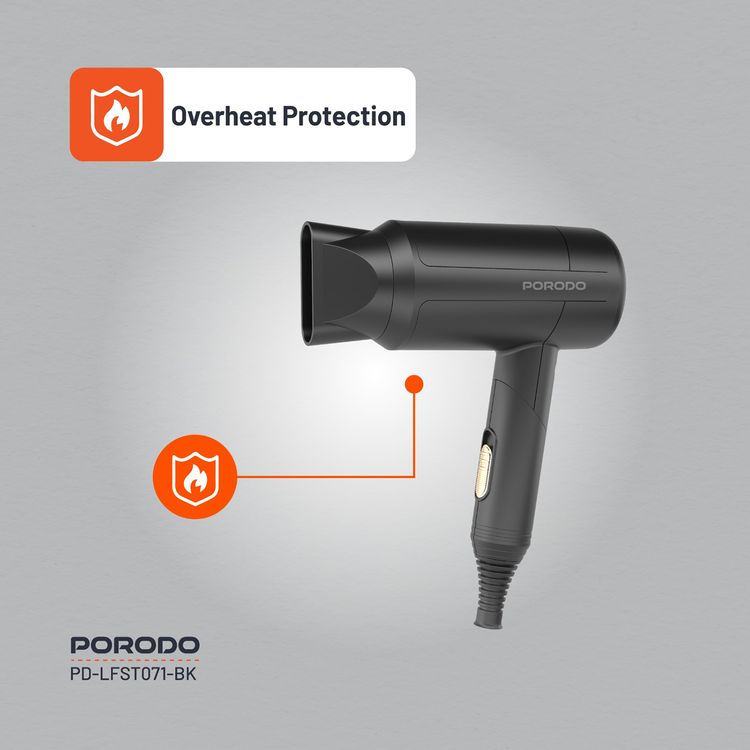 Porodo Lifestyle 1200W Foldable Hair Dryer with Concentrator Nozzle, Overheat Protection