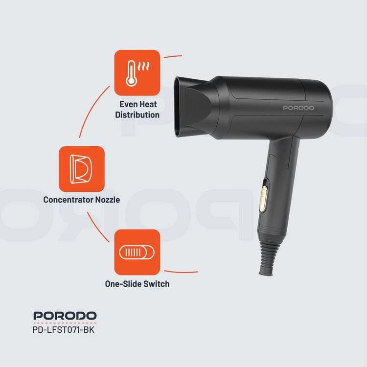 Porodo Lifestyle 1200W Foldable Hair Dryer with Concentrator Nozzle, Overheat Protection