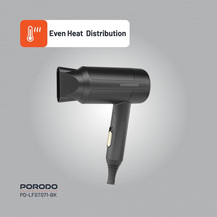 Porodo Lifestyle 1200W Foldable Hair Dryer with Concentrator Nozzle, Overheat Protection