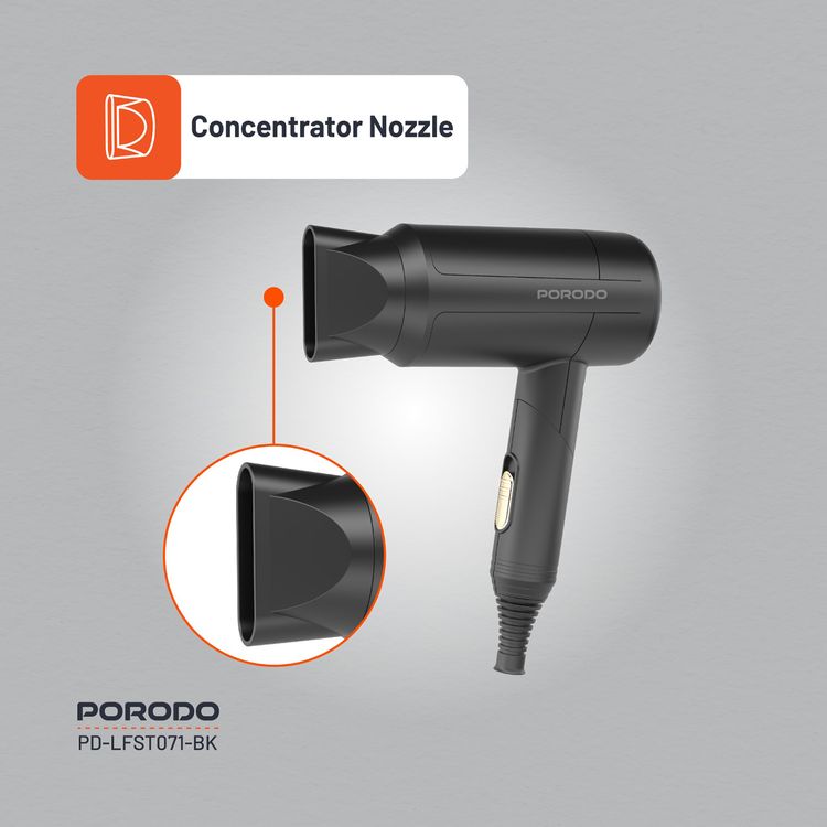 Porodo Lifestyle 1200W Foldable Hair Dryer with Concentrator Nozzle, Overheat Protection