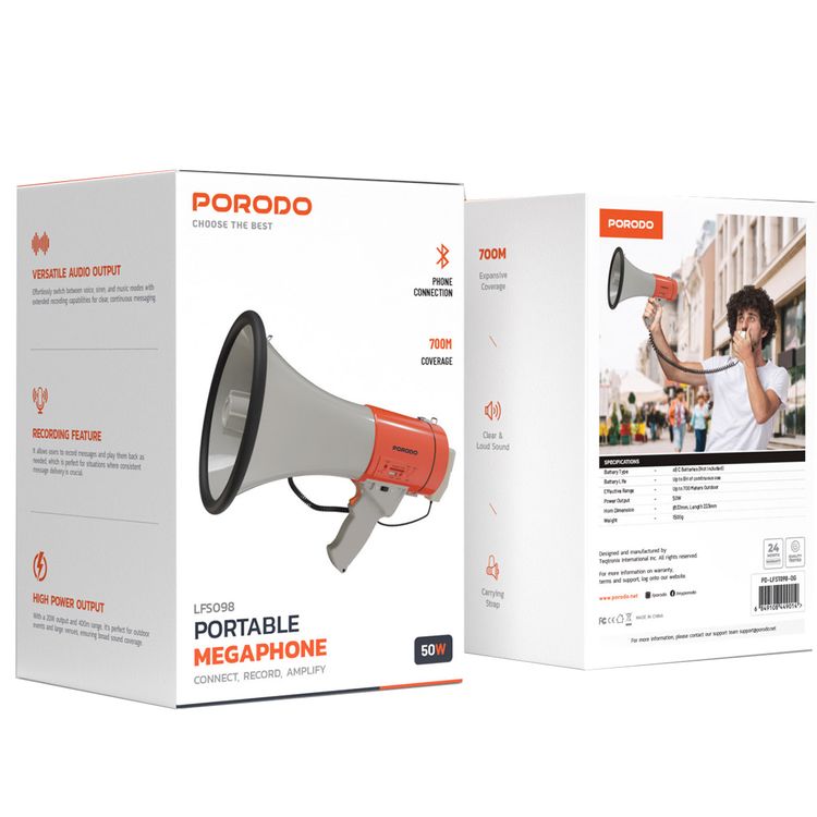 Porodo Portable Megaphone: High Power, 700ft Range, Bluetooth, Recording, Orange