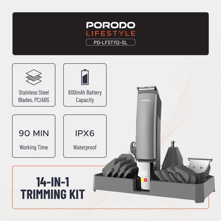 Porodo Lifestyle 14-in-1 Waterproof Trimming Kit: Cordless Grooming, USB-C Charging