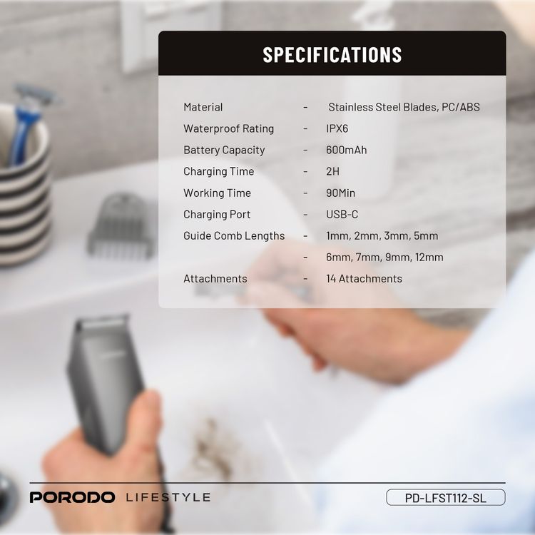 Porodo Lifestyle 14-in-1 Waterproof Trimming Kit: Cordless Grooming, USB-C Charging