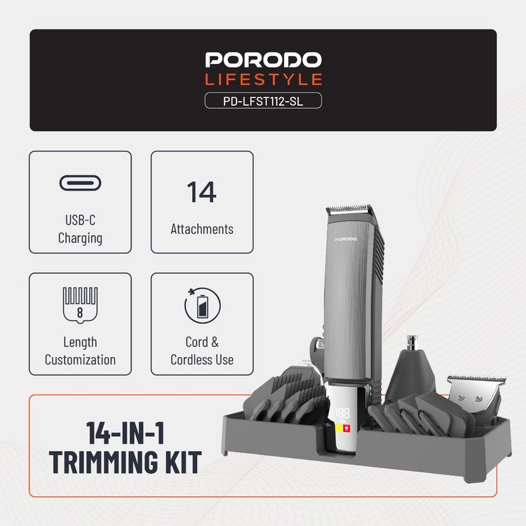 Porodo Lifestyle 14-in-1 Waterproof Trimming Kit: Cordless Grooming, USB-C Charging