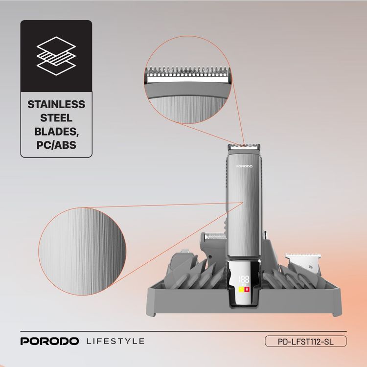 Porodo Lifestyle 14-in-1 Waterproof Trimming Kit: Cordless Grooming, USB-C Charging