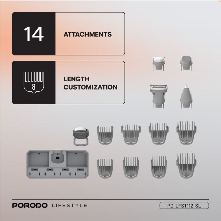 Porodo Lifestyle 14-in-1 Waterproof Trimming Kit: Cordless Grooming, USB-C Charging
