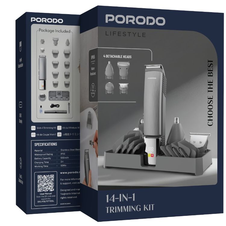 Porodo Lifestyle 14-in-1 Waterproof Trimming Kit: Cordless Grooming, USB-C Charging