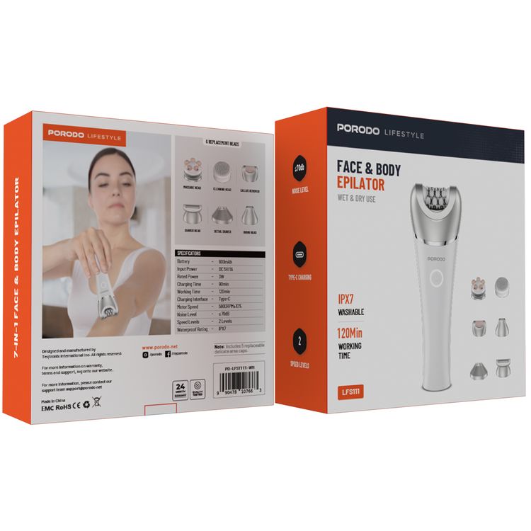 Porodo Lifestyle Waterproof Face & Body Epilator with 8 Heads, 5800RPM, White