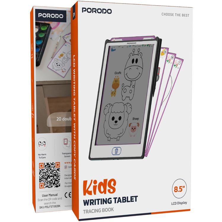Porodo Kids LCD Writing Tablet: 8.5-inch Transparent Screen, Erasing Button, One-Key Lock