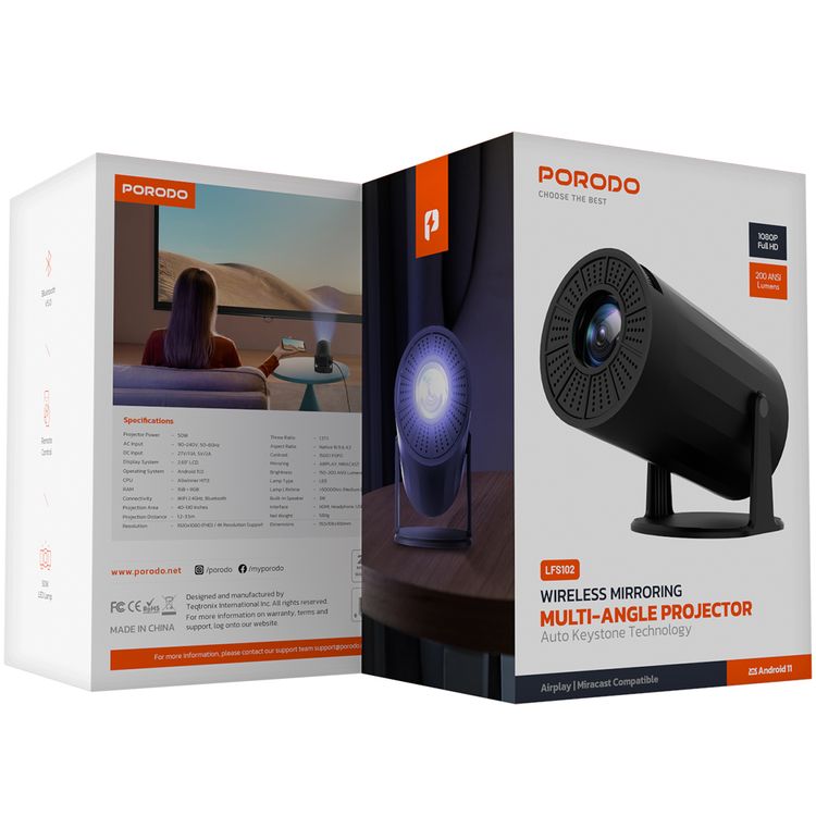 Porodo Wireless Multi-Angle Projector: Full HD, 4K Support, Android 11, Bluetooth 5.0