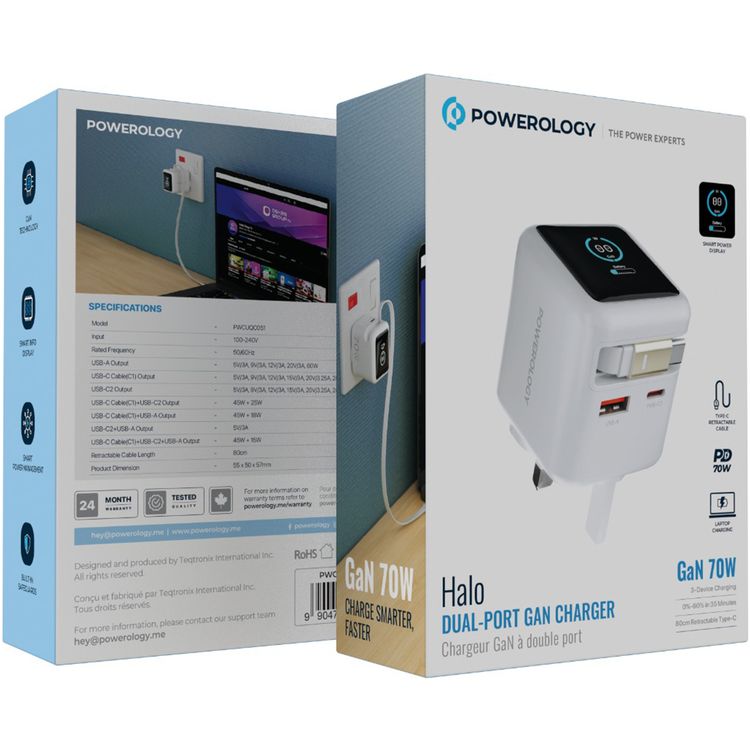 Powerology Halo Dual-Port GaN Charger: 70W Fast Charging with Cable