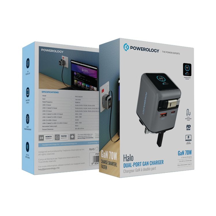 Powerology Halo Dual-Port GaN Charger: 70W Fast Charging with Cable