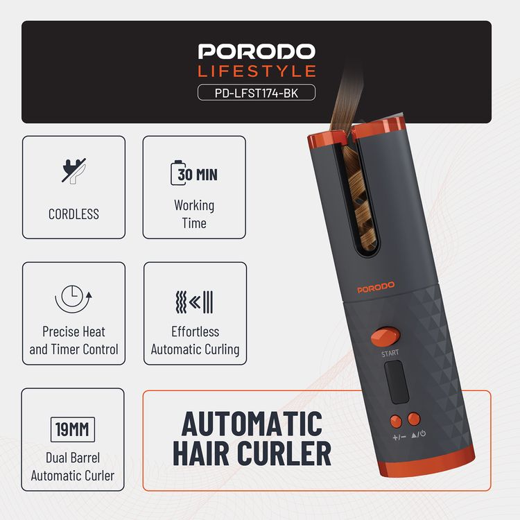 Porodo Automatic Cordless Hair Curler: Dual Barrel, Fast Heat, Precise Styling