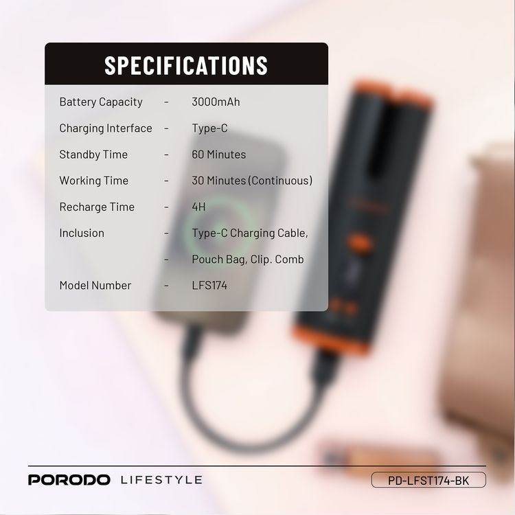 Porodo Automatic Cordless Hair Curler: Dual Barrel, Fast Heat, Precise Styling