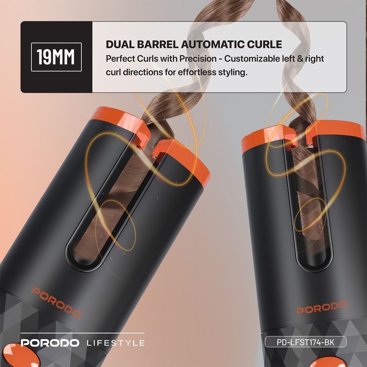 Porodo Automatic Cordless Hair Curler: Dual Barrel, Fast Heat, Precise Styling