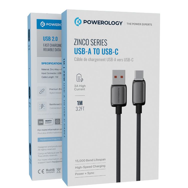Powerology Zinco Series USB-A to USB-C Braided Fast Charge Cable 20W 1m Gray