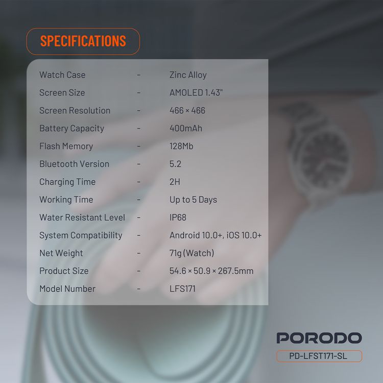 Porodo Chrono Steel Smartwatch: 1.43" AMOLED Display, 5-Day Battery, IP68 Water-Resistant, Silver