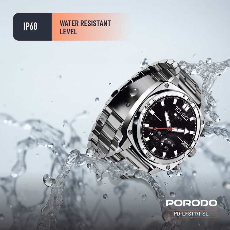Porodo Chrono Steel Smartwatch: 1.43" AMOLED Display, 5-Day Battery, IP68 Water-Resistant, Silver