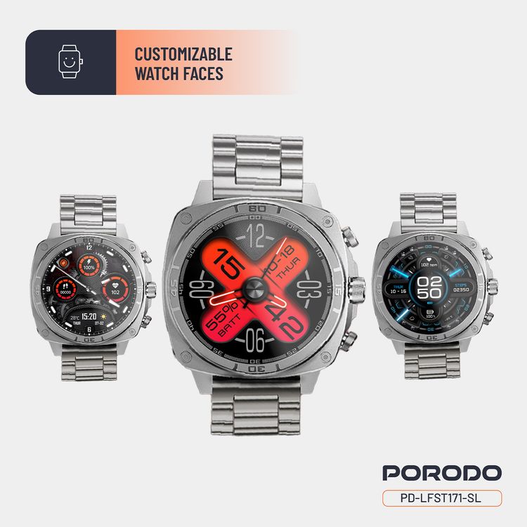 Porodo Chrono Steel Smartwatch: 1.43" AMOLED Display, 5-Day Battery, IP68 Water-Resistant, Silver