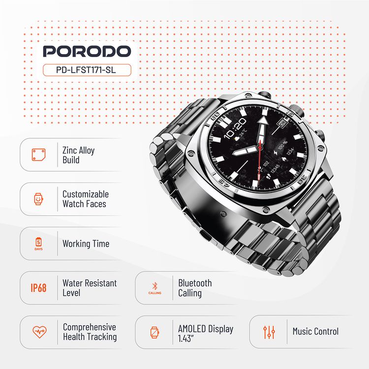 Porodo Chrono Steel Smartwatch: 1.43" AMOLED Display, 5-Day Battery, IP68 Water-Resistant, Silver
