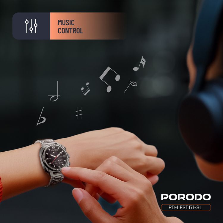Porodo Chrono Steel Smartwatch: 1.43" AMOLED Display, 5-Day Battery, IP68 Water-Resistant, Silver