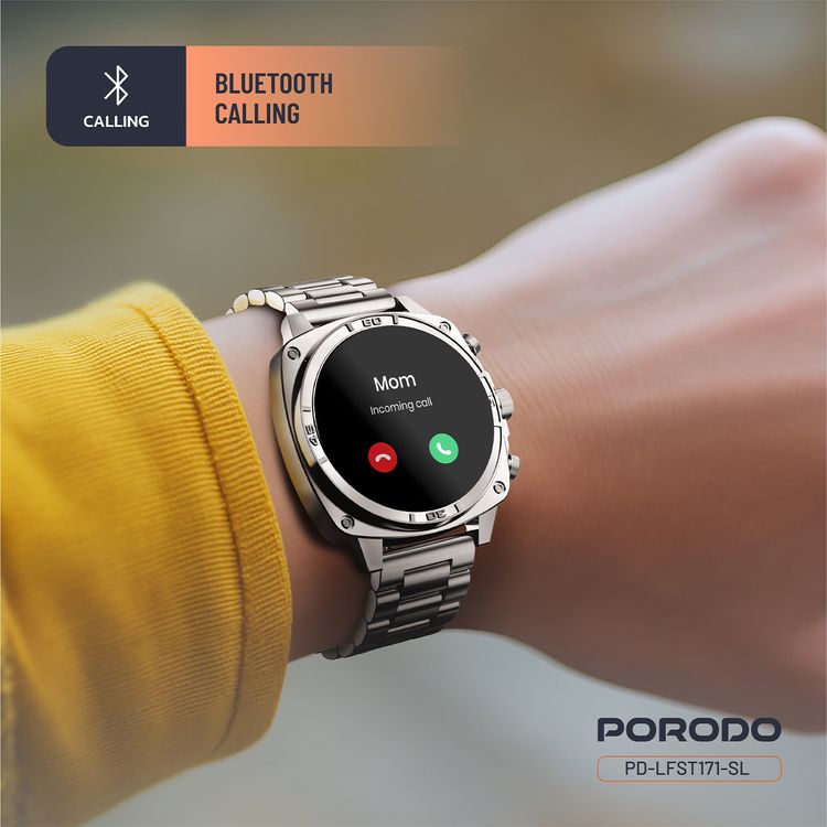 Porodo Chrono Steel Smartwatch: 1.43" AMOLED Display, 5-Day Battery, IP68 Water-Resistant, Silver