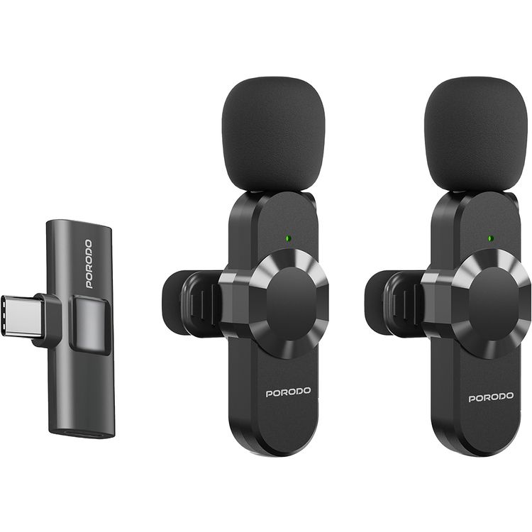 Porodo Audix Pro Dual Lavalier Microphone: Wireless, Auto-Pairing, Type-C & Lightning